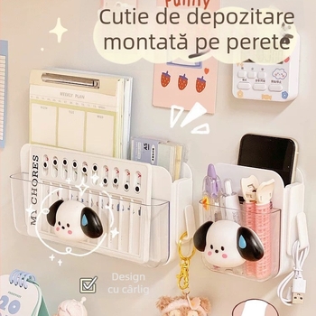 Organizer de perete în stil japonez, montaj fără găuri, din plastic, 1 nivel, pentru cabluri și rechizite