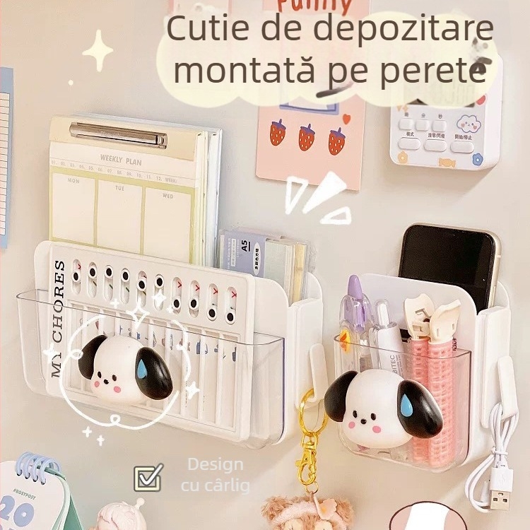 Organizer de perete în stil japonez, montaj fără găuri, din plastic, 1 nivel, pentru cabluri și rechizite