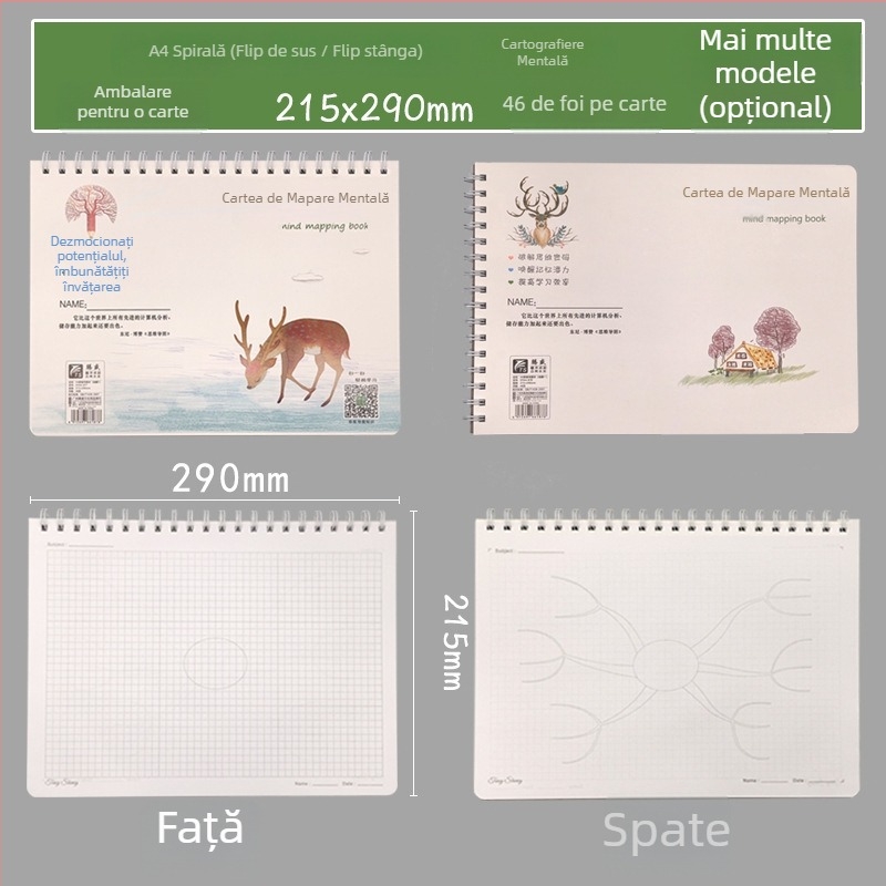 Caiet creativ cu hartă mentală, legătură spirală, hârtie 80 g, 92 pagini (46 foi)