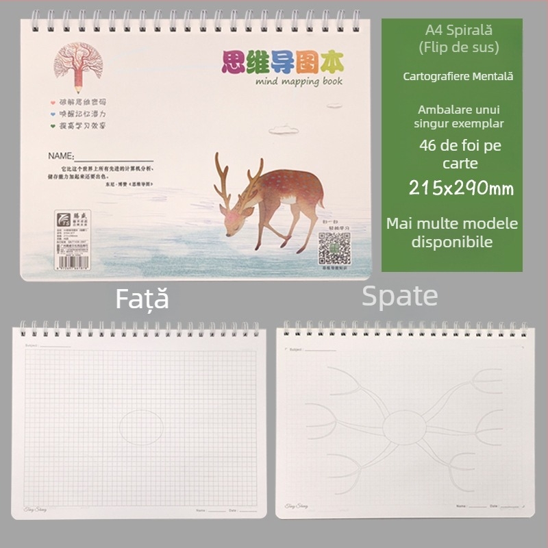 Caiet creativ cu hartă mentală, legătură spirală, hârtie 80 g, 92 pagini (46 foi)