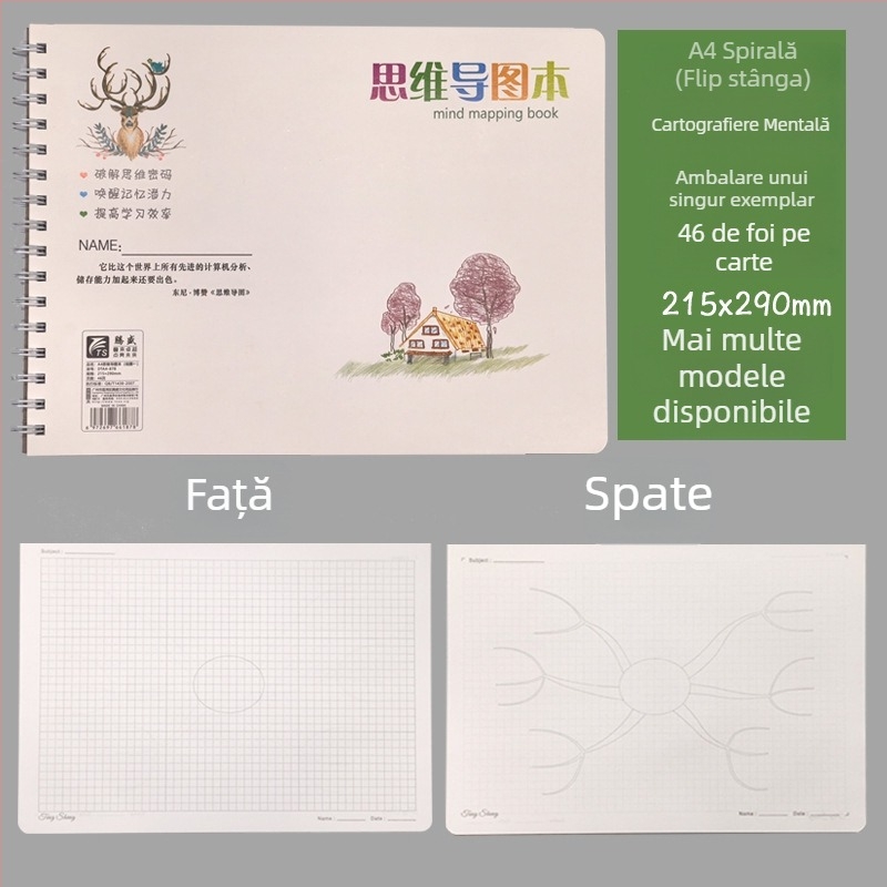 Caiet creativ cu hartă mentală, legătură spirală, hârtie 80 g, 92 pagini (46 foi)