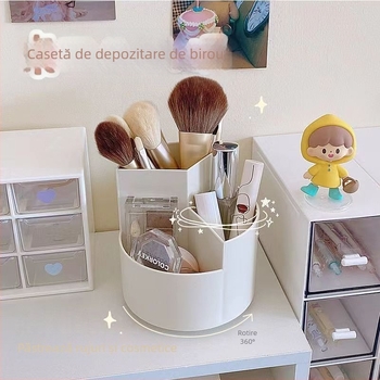 Cutie de depozitare pentru pensule cosmetice, rotativă pe birou — capacitate mare, organizator multifuncțional pentru pensule, creioane de sprânene și rujuri; material plastic; origine China; stil modern minimalist