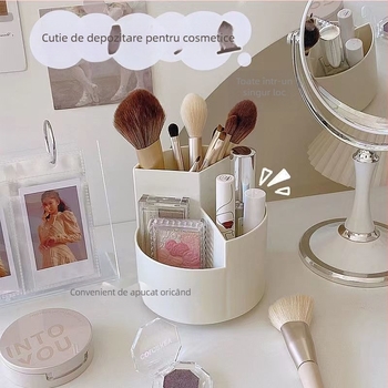 Cutie de depozitare pentru pensule cosmetice, rotativă pe birou — capacitate mare, organizator multifuncțional pentru pensule, creioane de sprânene și rujuri; material plastic; origine China; stil modern minimalist