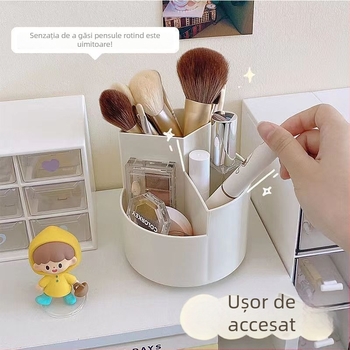 Cutie de depozitare pentru pensule cosmetice, rotativă pe birou — capacitate mare, organizator multifuncțional pentru pensule, creioane de sprânene și rujuri; material plastic; origine China; stil modern minimalist