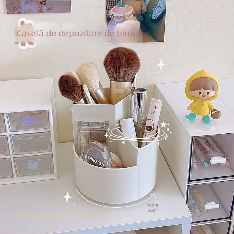 Cutie de depozitare pentru pensule cosmetice, rotativă pe birou — capacitate mare, organizator multifuncțional pentru pensule, creioane de sprânene și rujuri; material plastic; origine China; stil modern minimalist