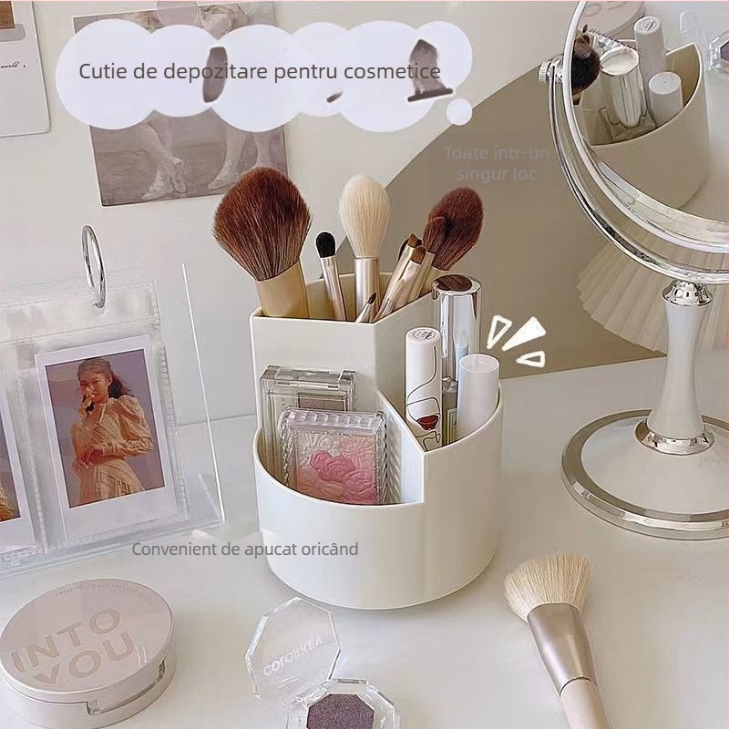 Cutie de depozitare pentru pensule cosmetice, rotativă pe birou — capacitate mare, organizator multifuncțional pentru pensule, creioane de sprânene și rujuri; material plastic; origine China; stil modern minimalist