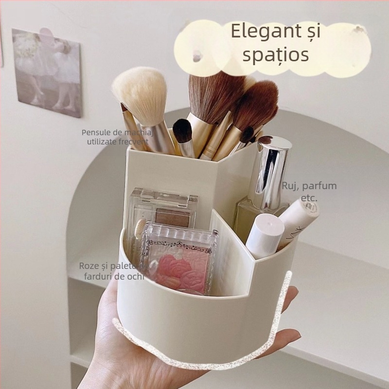 Cutie de depozitare pentru pensule cosmetice, rotativă pe birou — capacitate mare, organizator multifuncțional pentru pensule, creioane de sprânene și rujuri; material plastic; origine China; stil modern minimalist