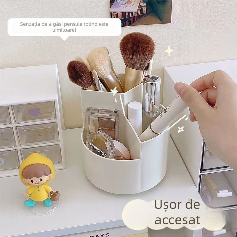 Cutie de depozitare pentru pensule cosmetice, rotativă pe birou — capacitate mare, organizator multifuncțional pentru pensule, creioane de sprânene și rujuri; material plastic; origine China; stil modern minimalist