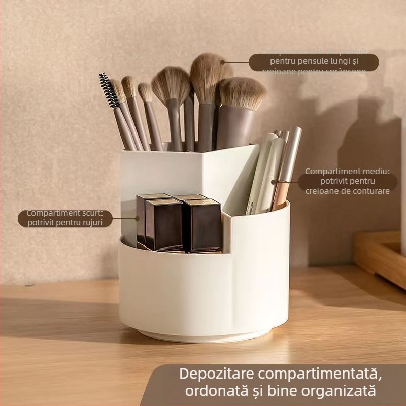 Cutie de depozitare pentru pensule cosmetice, rotativă pe birou — capacitate mare, organizator multifuncțional pentru pensule, creioane de sprânene și rujuri; material plastic; origine China; stil modern minimalist