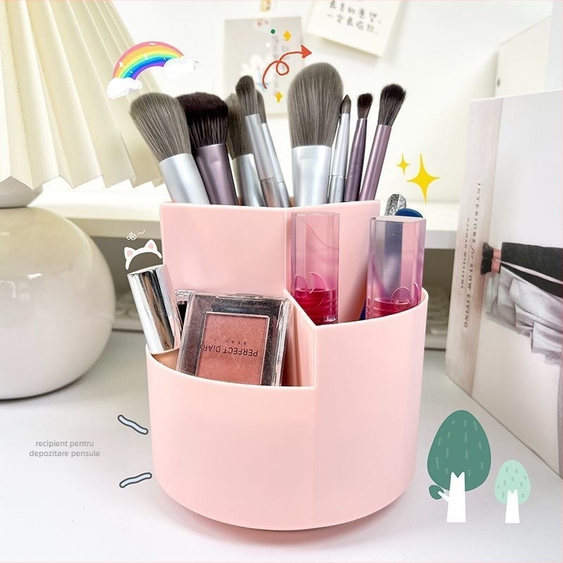 Cutie de depozitare pentru pensule cosmetice, rotativă pe birou — capacitate mare, organizator multifuncțional pentru pensule, creioane de sprânene și rujuri; material plastic; origine China; stil modern minimalist