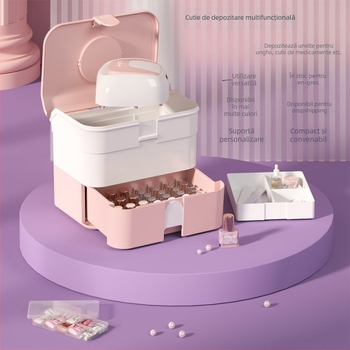 Cutie de depozitare pentru manichiură și cosmetică, cu sertare stratificate și capac, din plastic PP+ABS, capacitate 18L, portabilă
