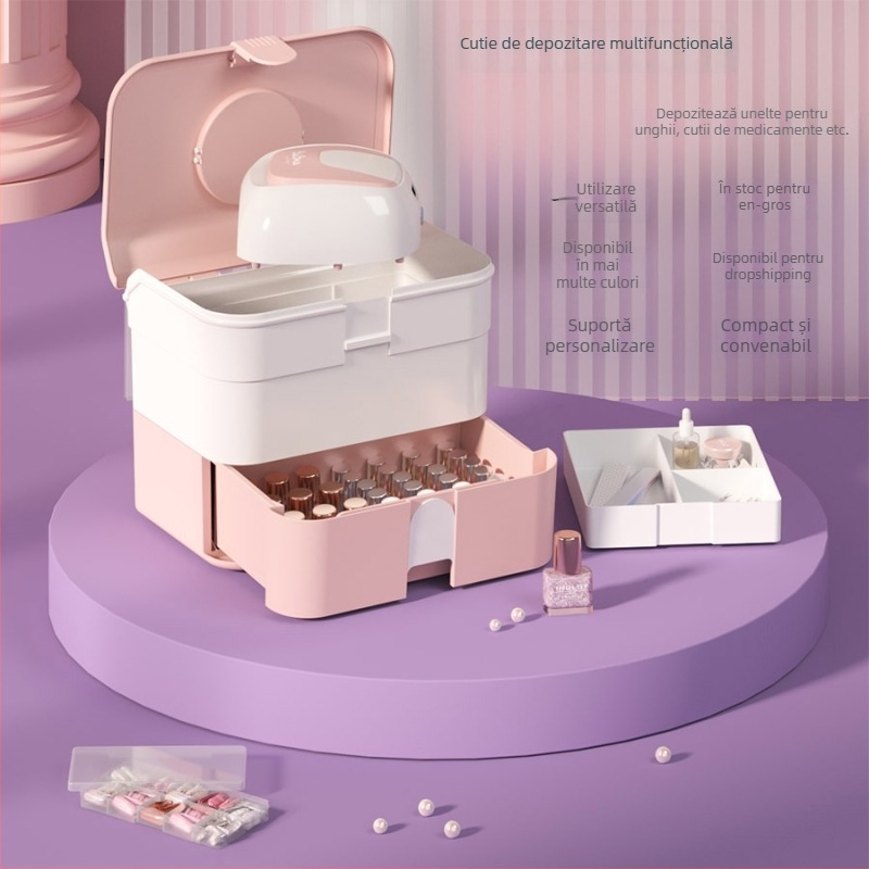Cutie de depozitare pentru manichiură și cosmetică, cu sertare stratificate și capac, din plastic PP+ABS, capacitate 18L, portabilă