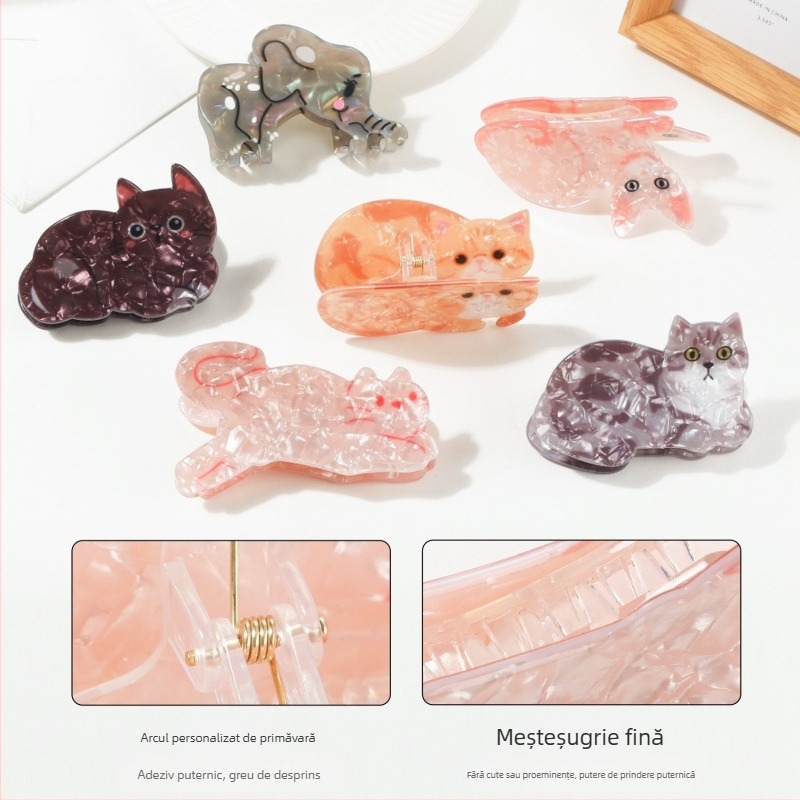 Clip de păr din acrilic cristal cu motiv de pisică, tip Gripper — Turnare prin injecție, brand Yansheng, stil proaspăt și dulce