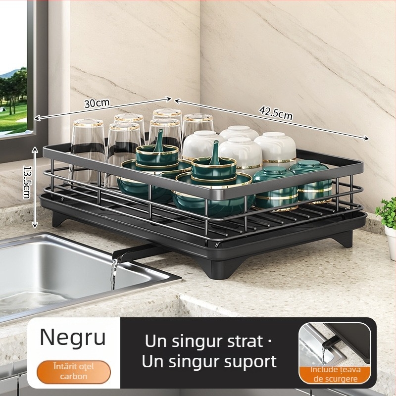 Raft de vase din oțel carbon, multifuncțional, mobil, organizator de bucătărie pe tejghea pentru farfurii, boluri, tacâmuri și capace, design dreptunghiular în formă de L