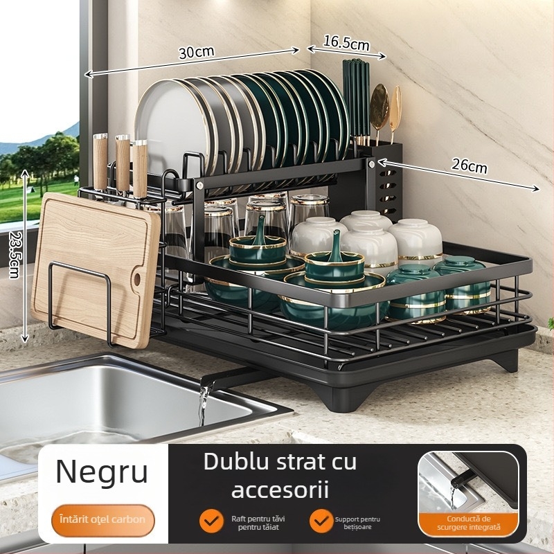 Raft de vase din oțel carbon, multifuncțional, mobil, organizator de bucătărie pe tejghea pentru farfurii, boluri, tacâmuri și capace, design dreptunghiular în formă de L