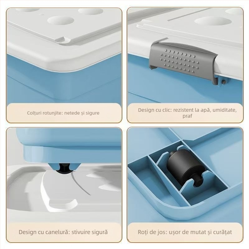 Cutie de depozitare din plastic, capacitate mare pentru haine, cărți de dormitor și jucării, cu roți, 40–50 L, material PP, rezistent la praf și apă