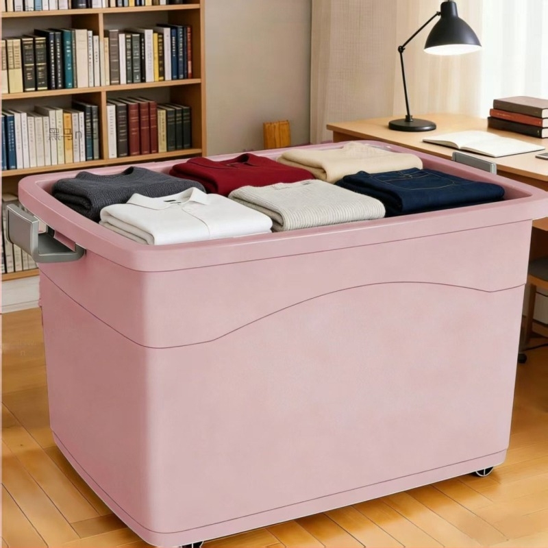 Cutie de depozitare din plastic, capacitate mare pentru haine, cărți de dormitor și jucării, cu roți, 40–50 L, material PP, rezistent la praf și apă