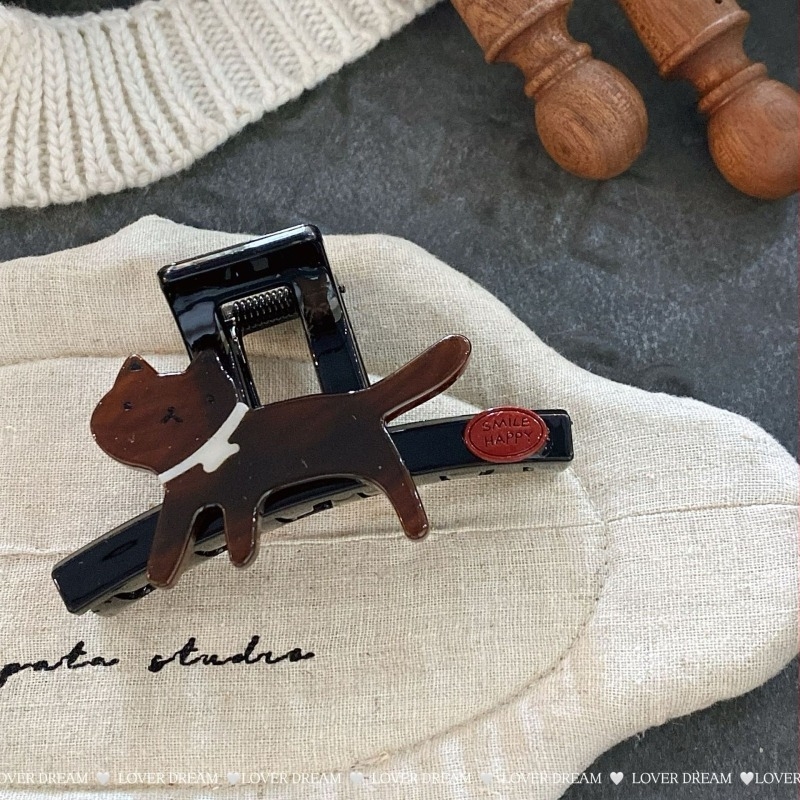 Agrafă de păr cu imprimeu leopard și design de pisică, clips de prindere, realizată manual, accesorii pentru cap, toamnă 2025