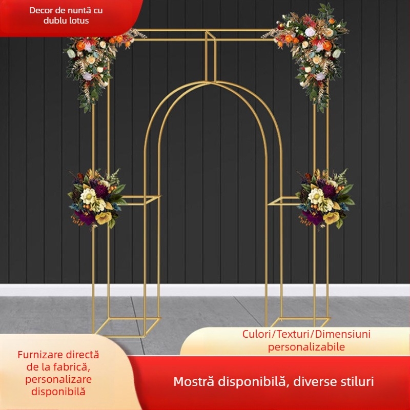 Arc geometric din fier pentru nuntă, ecran de scenă cu suport pentru flori și fundal pătrat, personalizabil