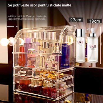 Cutie de depozitare pentru cosmetice - Carcasă transparentă PS cu capac și compartimente, 18L, Rezistentă la praf, Organizator de birou pentru cosmetice