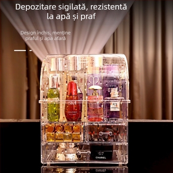 Cutie de depozitare pentru cosmetice - Carcasă transparentă PS cu capac și compartimente, 18L, Rezistentă la praf, Organizator de birou pentru cosmetice