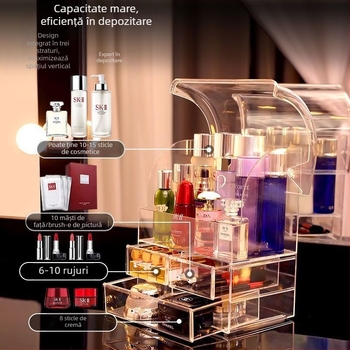 Cutie de depozitare pentru cosmetice - Carcasă transparentă PS cu capac și compartimente, 18L, Rezistentă la praf, Organizator de birou pentru cosmetice