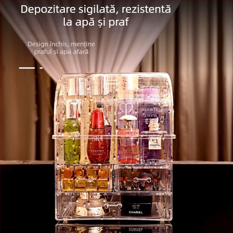 Cutie de depozitare pentru cosmetice - Carcasă transparentă PS cu capac și compartimente, 18L, Rezistentă la praf, Organizator de birou pentru cosmetice