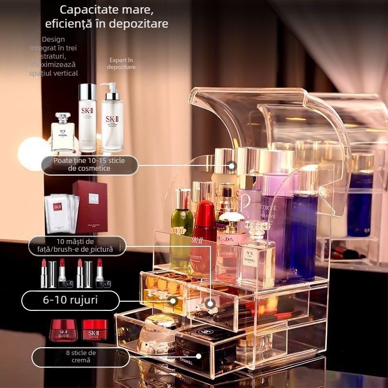Cutie de depozitare pentru cosmetice - Carcasă transparentă PS cu capac și compartimente, 18L, Rezistentă la praf, Organizator de birou pentru cosmetice
