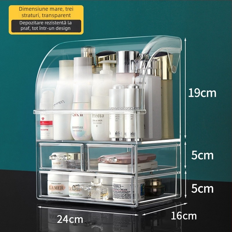 Cutie de depozitare pentru cosmetice - Carcasă transparentă PS cu capac și compartimente, 18L, Rezistentă la praf, Organizator de birou pentru cosmetice