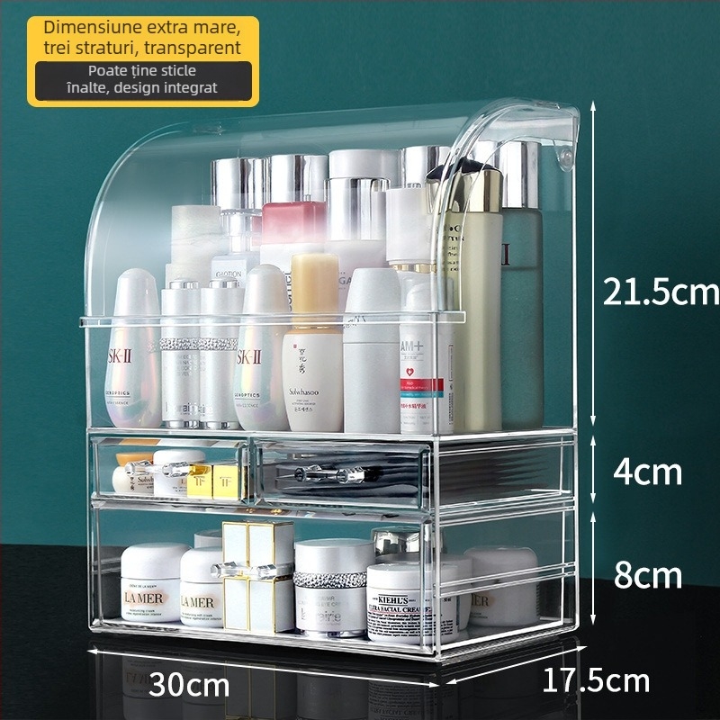 Cutie de depozitare pentru cosmetice - Carcasă transparentă PS cu capac și compartimente, 18L, Rezistentă la praf, Organizator de birou pentru cosmetice