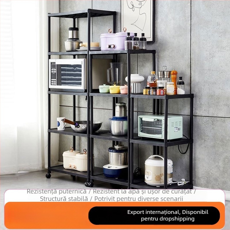 Raft de bucătărie din plastic, 3 etaje, montat pe podea, mobil, multifuncțional, pentru cuptor cu microunde și oale.
