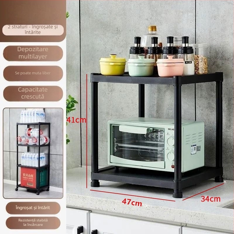 Raft de bucătărie din plastic, 3 etaje, montat pe podea, mobil, multifuncțional, pentru cuptor cu microunde și oale.