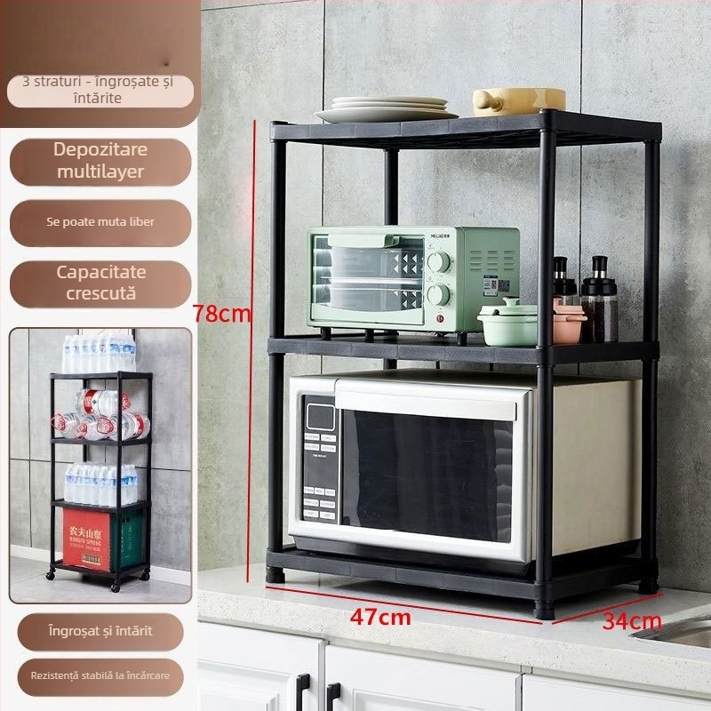 Raft de bucătărie din plastic, 3 etaje, montat pe podea, mobil, multifuncțional, pentru cuptor cu microunde și oale.