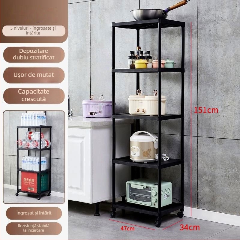 Raft de bucătărie din plastic, 3 etaje, montat pe podea, mobil, multifuncțional, pentru cuptor cu microunde și oale.