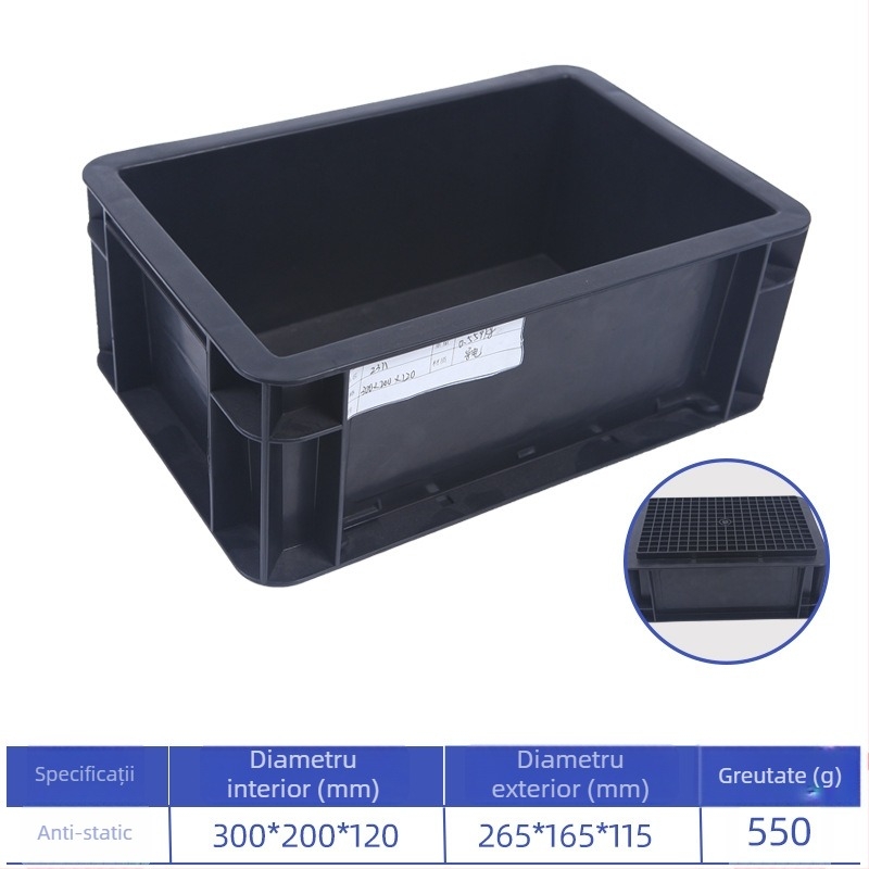 Cutie turnover anti-static din PP, pereți groși, 0,6 kg, cu capac