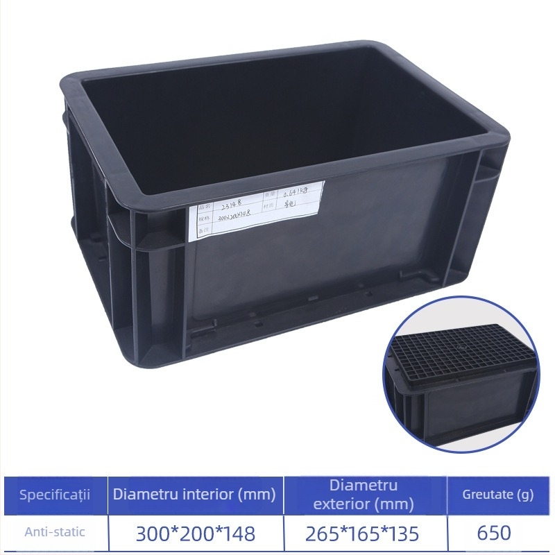 Cutie turnover anti-static din PP, pereți groși, 0,6 kg, cu capac