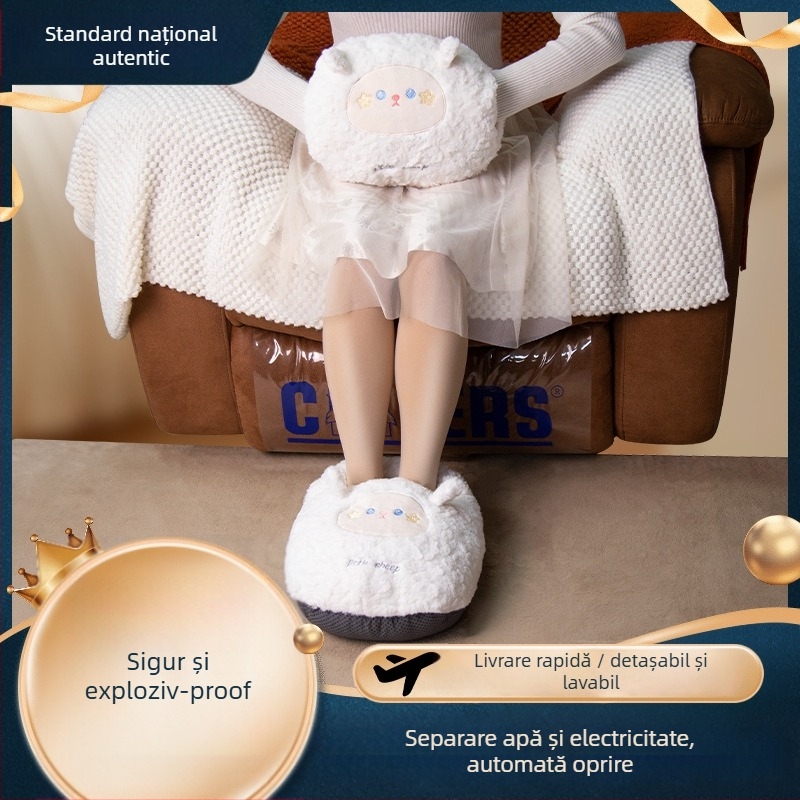 Sac USB încărcat cu apă pentru încălzirea abdomenului și a picioarelor, papuci velur cu talpă din silicon, design desen animat
