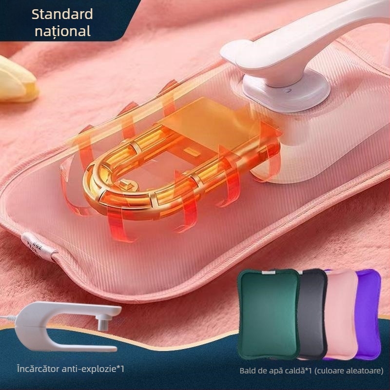 Sac USB încărcat cu apă pentru încălzirea abdomenului și a picioarelor, papuci velur cu talpă din silicon, design desen animat