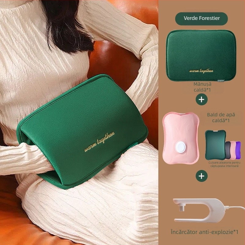 Sac USB încărcat cu apă pentru încălzirea abdomenului și a picioarelor, papuci velur cu talpă din silicon, design desen animat