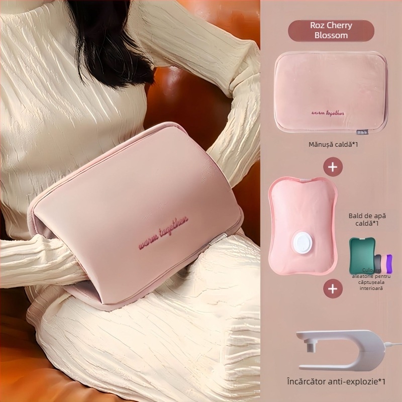 Sac USB încărcat cu apă pentru încălzirea abdomenului și a picioarelor, papuci velur cu talpă din silicon, design desen animat