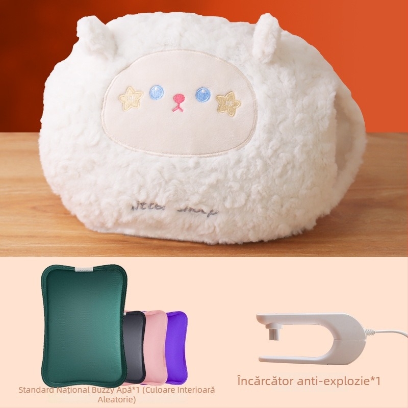 Sac USB încărcat cu apă pentru încălzirea abdomenului și a picioarelor, papuci velur cu talpă din silicon, design desen animat