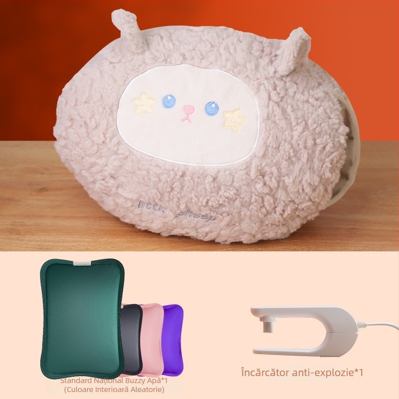 Sac USB încărcat cu apă pentru încălzirea abdomenului și a picioarelor, papuci velur cu talpă din silicon, design desen animat