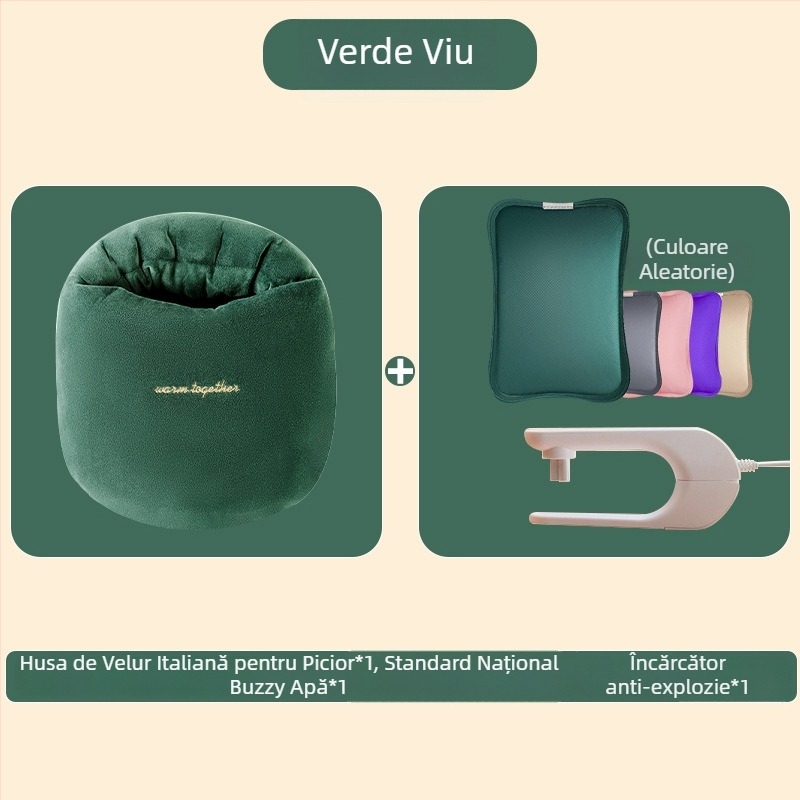 Sac USB încărcat cu apă pentru încălzirea abdomenului și a picioarelor, papuci velur cu talpă din silicon, design desen animat