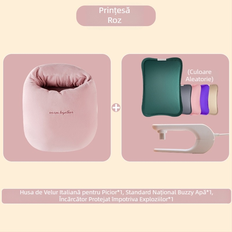 Sac USB încărcat cu apă pentru încălzirea abdomenului și a picioarelor, papuci velur cu talpă din silicon, design desen animat