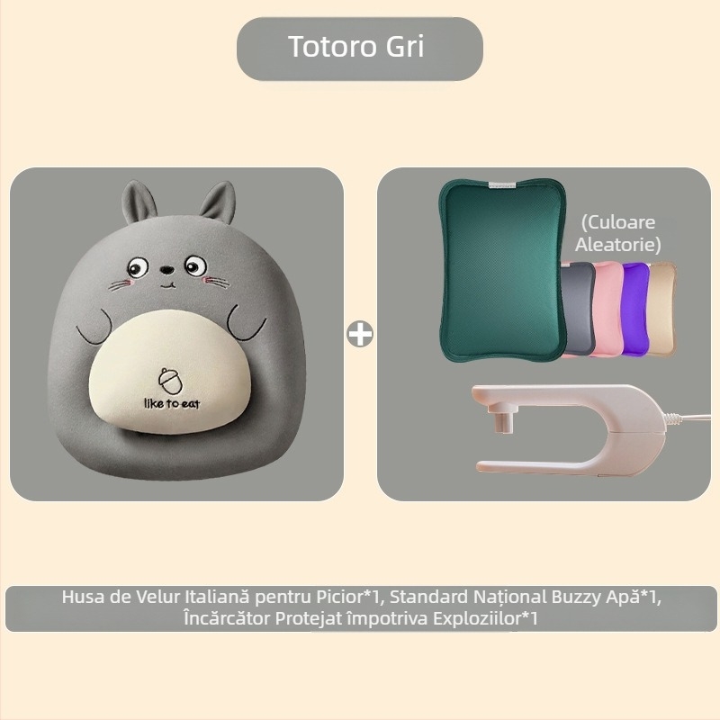 Sac USB încărcat cu apă pentru încălzirea abdomenului și a picioarelor, papuci velur cu talpă din silicon, design desen animat