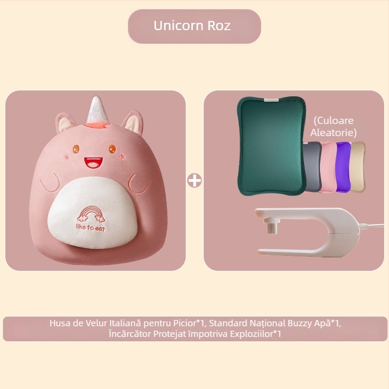 Sac USB încărcat cu apă pentru încălzirea abdomenului și a picioarelor, papuci velur cu talpă din silicon, design desen animat