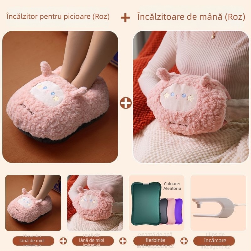 Sac USB încărcat cu apă pentru încălzirea abdomenului și a picioarelor, papuci velur cu talpă din silicon, design desen animat