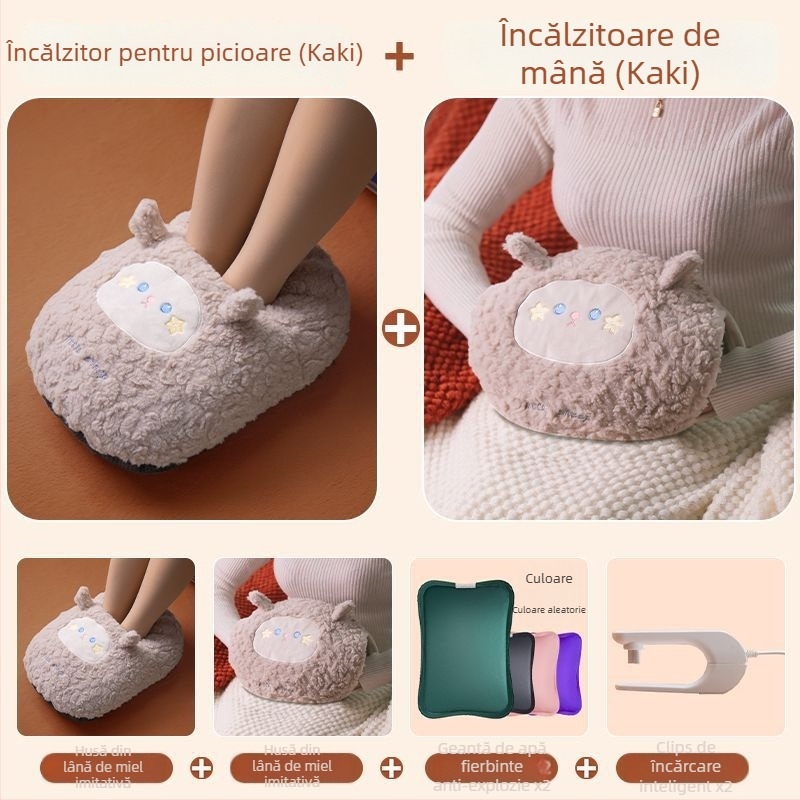 Sac USB încărcat cu apă pentru încălzirea abdomenului și a picioarelor, papuci velur cu talpă din silicon, design desen animat