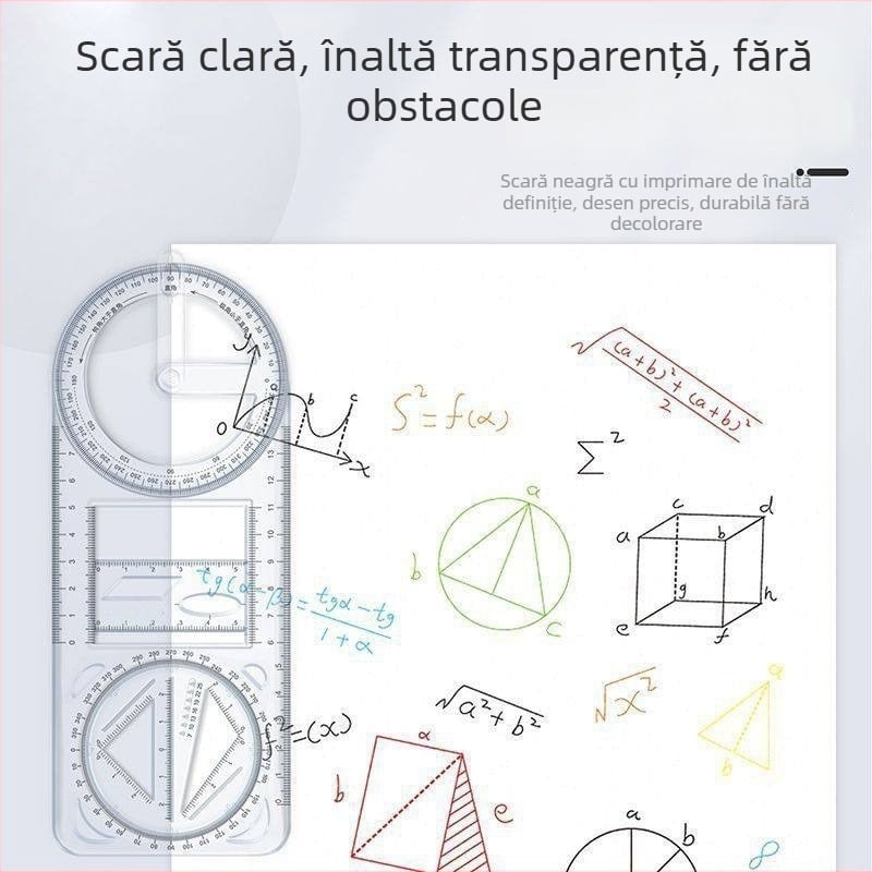 Riglă de desen multifuncțională cu șablon rotativ, din metal, pentru elevi