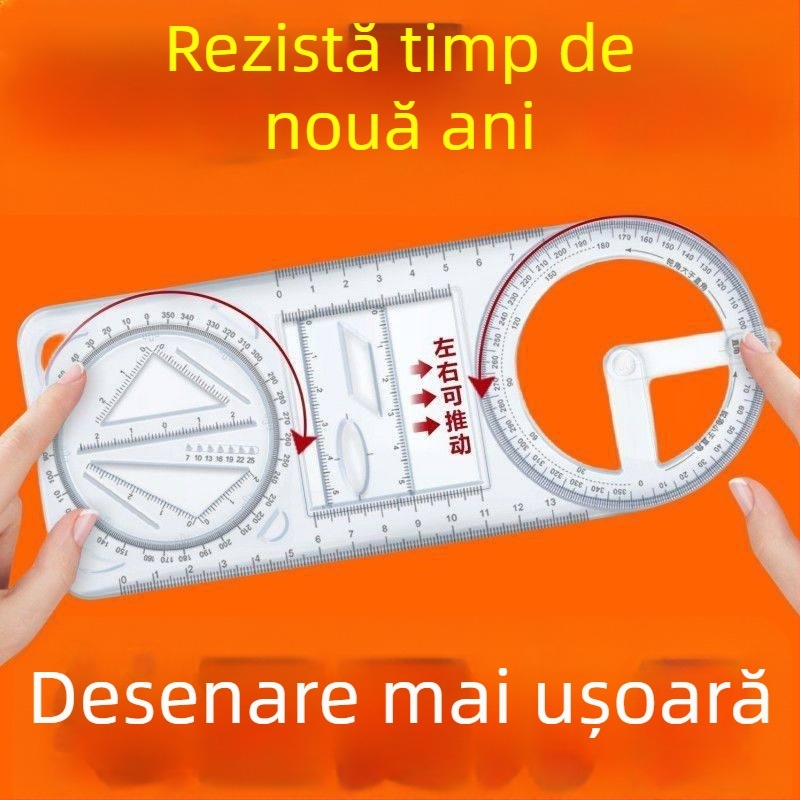 Riglă de desen multifuncțională cu șablon rotativ, din metal, pentru elevi